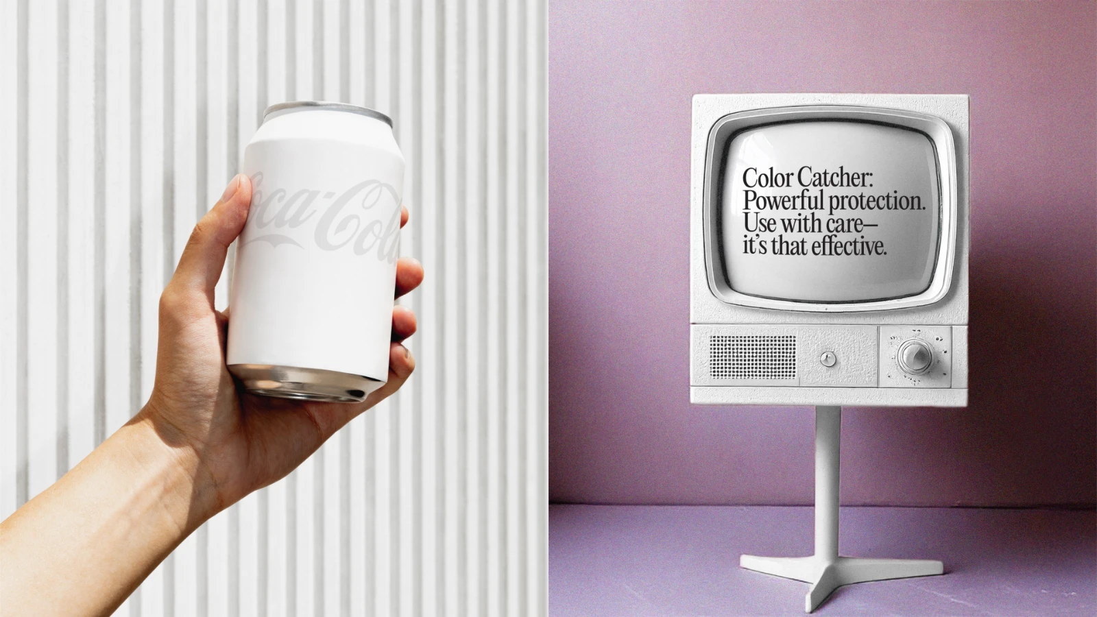 Split screen. Left: white Coke can, right: white TV