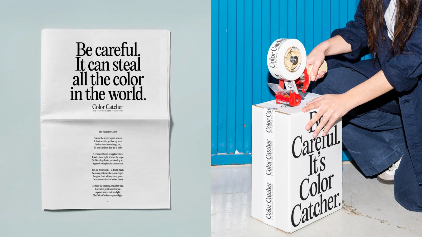 Split screen. Left: poem about color catcher, right: woman sealing package
