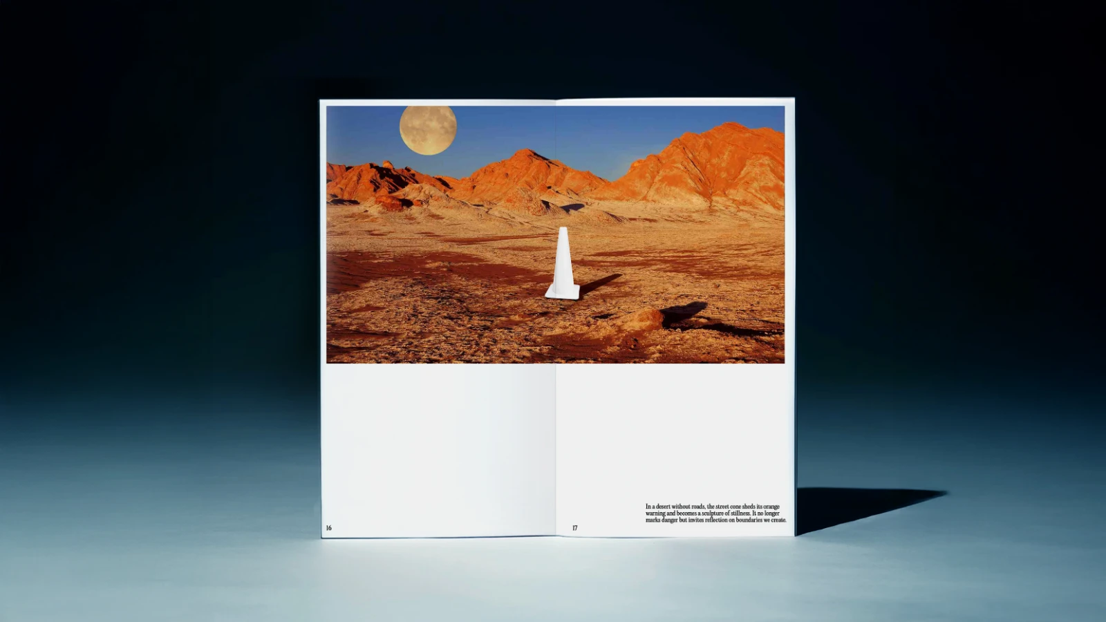 Magazine image of white traffic cone in desert