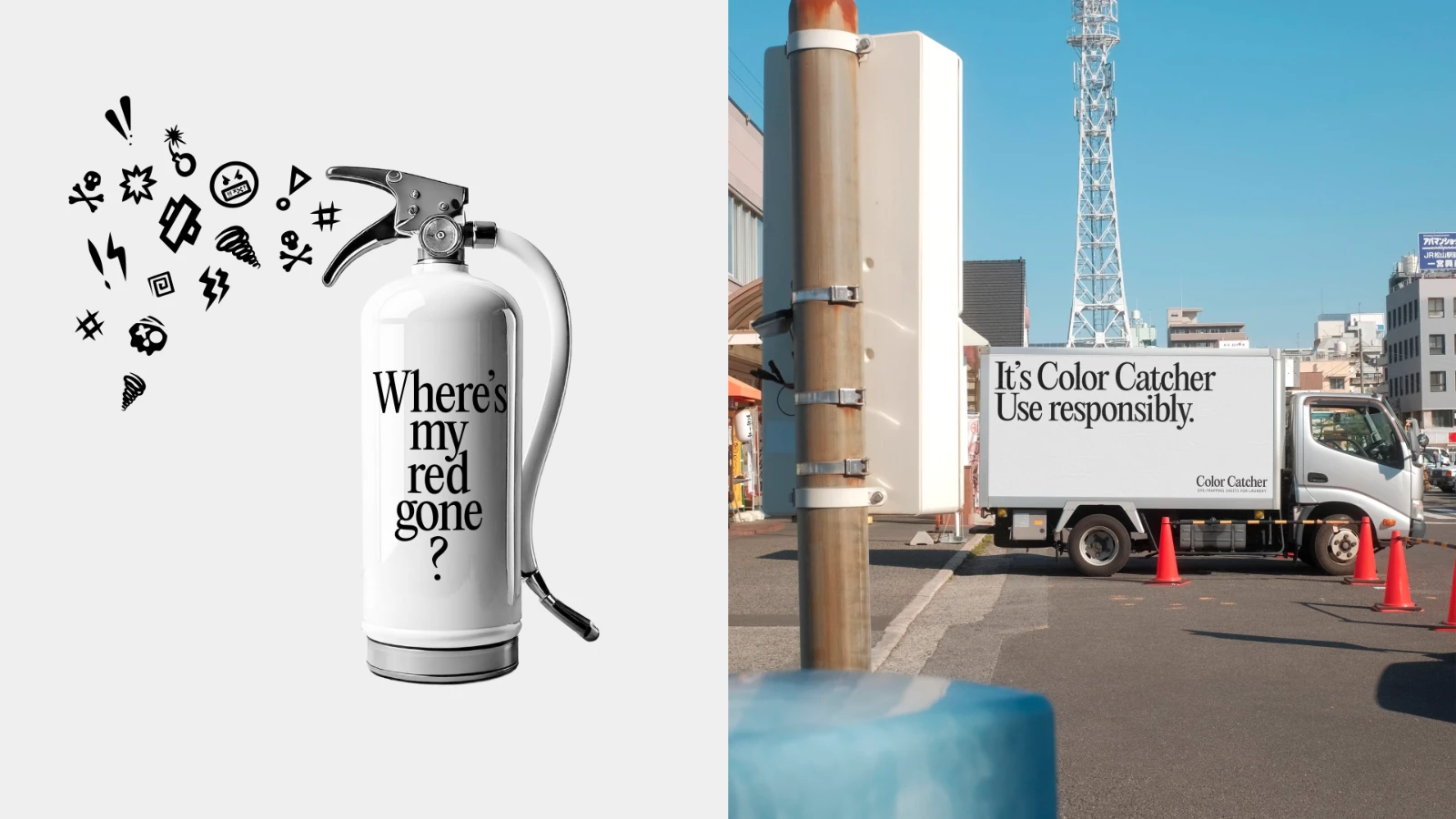 Split screen. Left: white fire extinguisher, right: billboard on truck