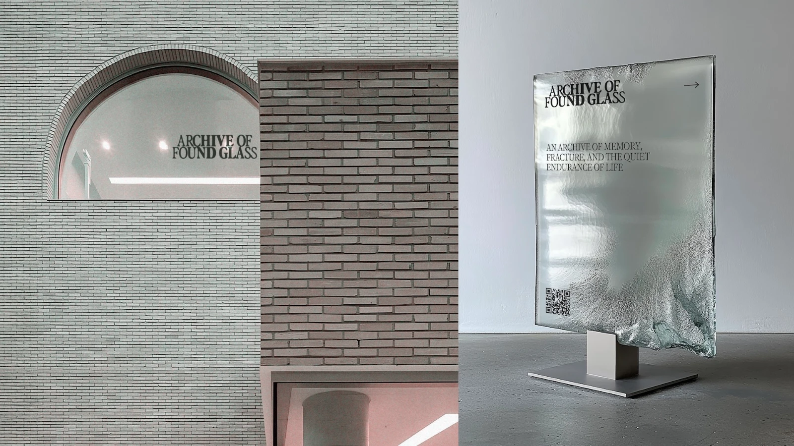 Split screen. Left: interior gallery space, right: interior signage