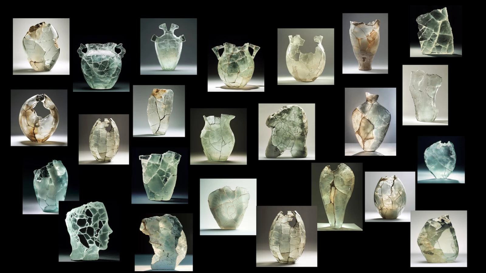 Collage of cracked glass objects