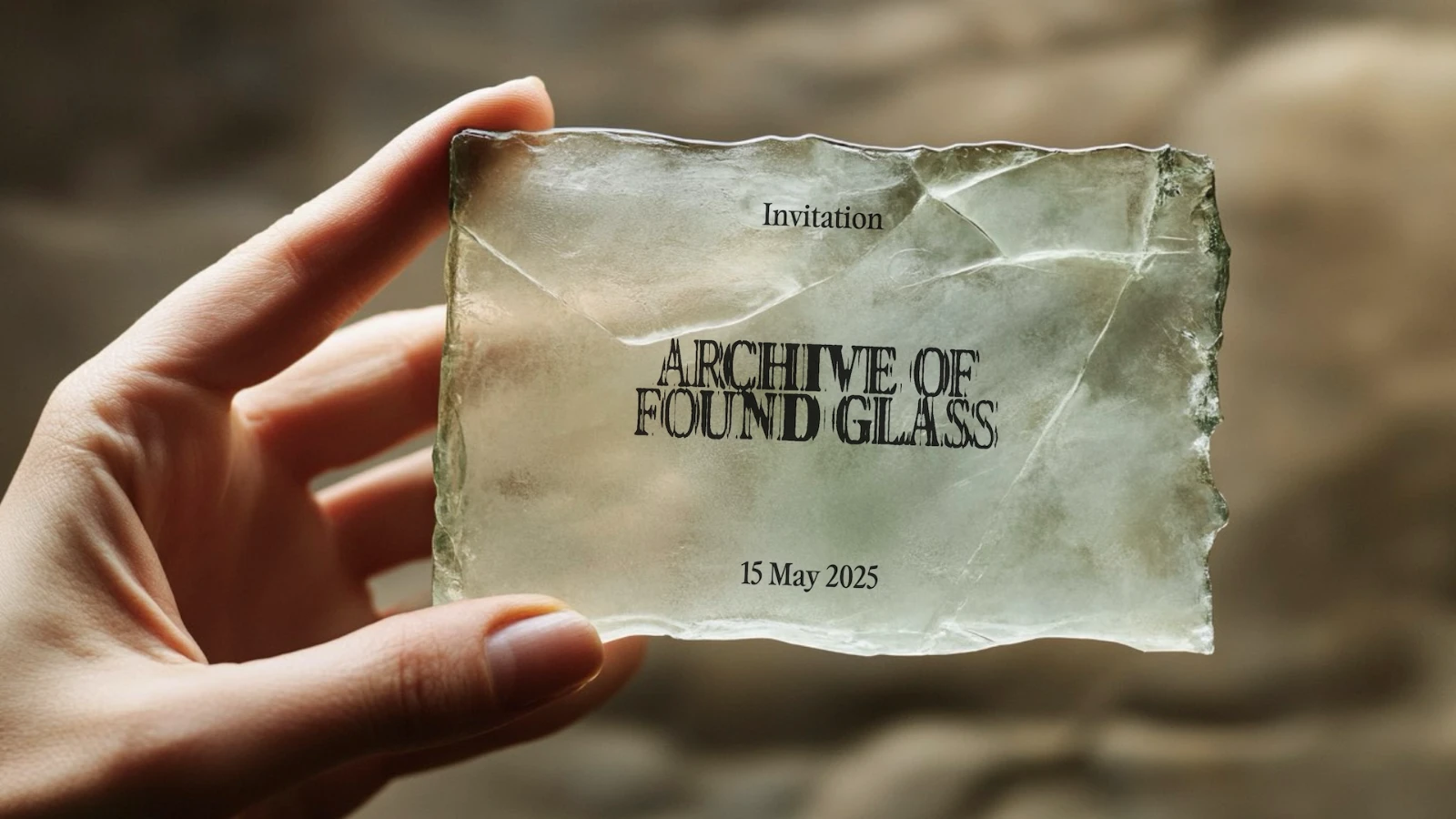 Person holding cracked glass embossed with exhibition information