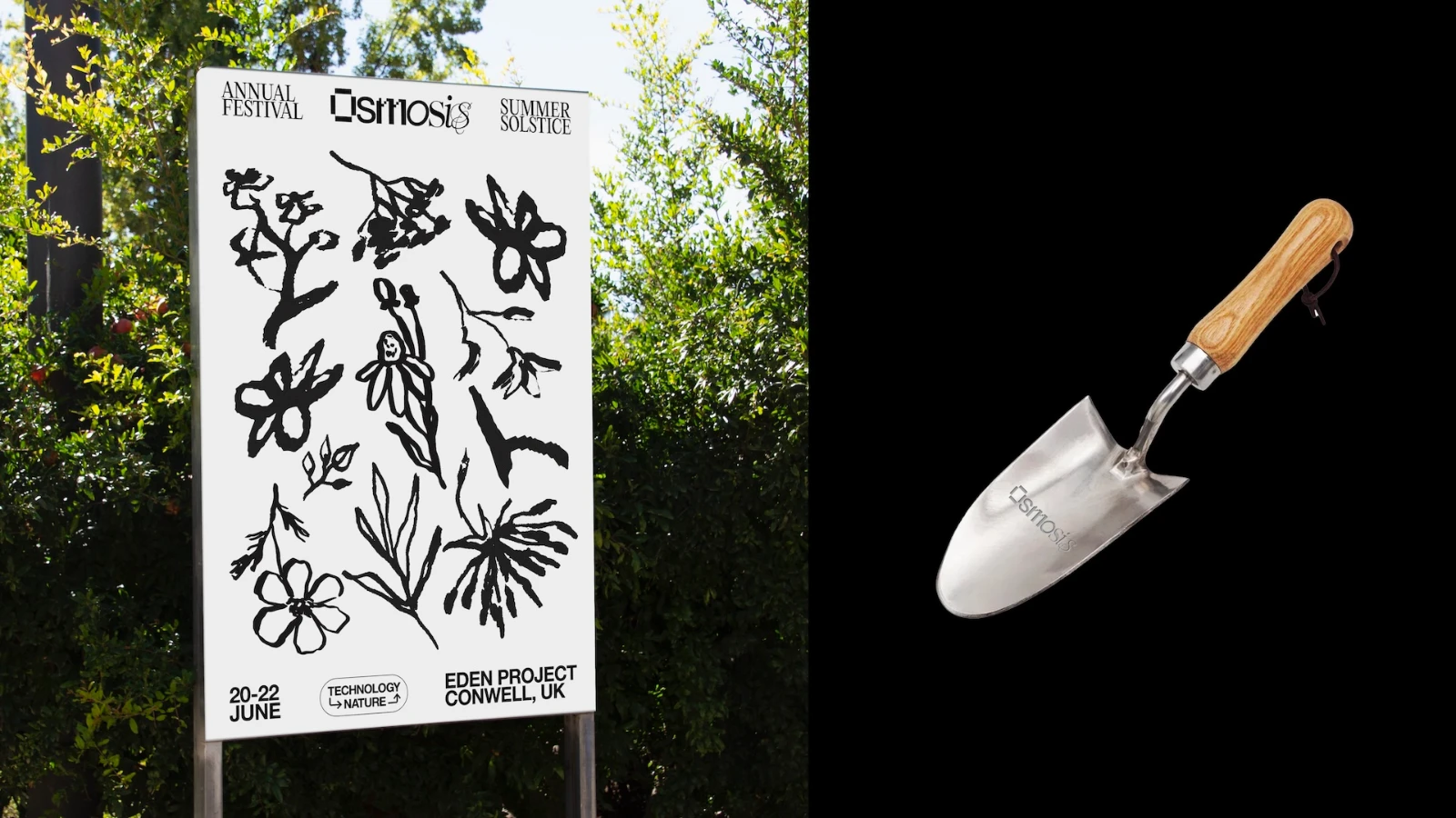 Split screen. Left: an exterior billboard, 
              right: a merchandise example (a trowel)