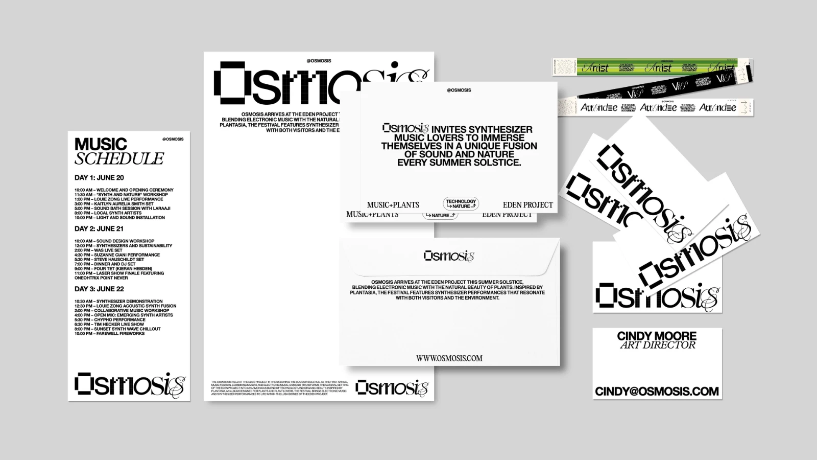 A medley showing a schedule of events, 
              a letterhead, an invitation, admission wristbands and business cards