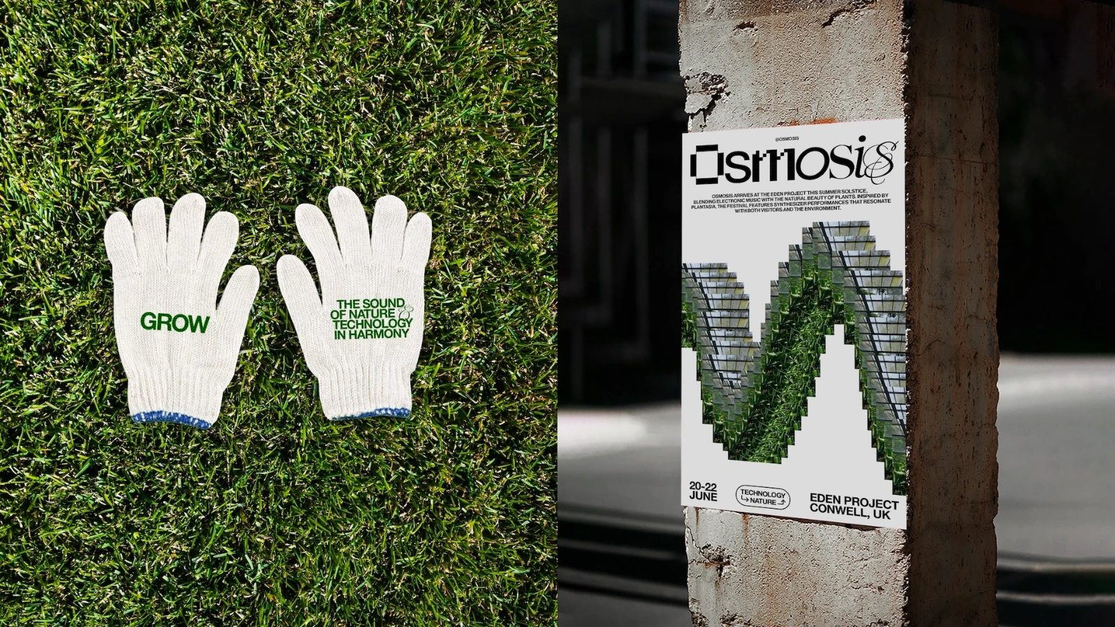 Split screen. Left: merchandise example (gardening gloves),
               right: a billboard on a pillar